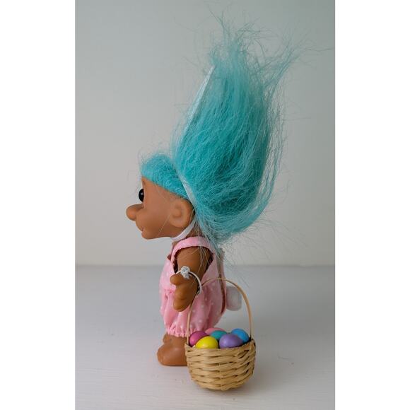 VTG Russ Easter Bunny Troll Doll 4" Girl Blue Hair Easter Egg Basket Pink Romper - Picture 2 of 6